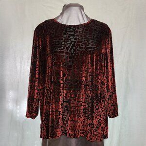 Mod Print Shiny Velveteen Red & Black Blouse for Ladies